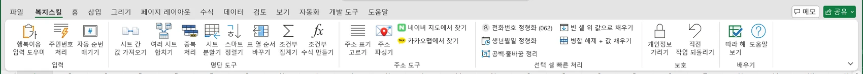 복지스킬 리본 — 입력 · 명단 도구 · 주소 도구 · 선택 셀 빠른 처리 · 보호 · 배우기